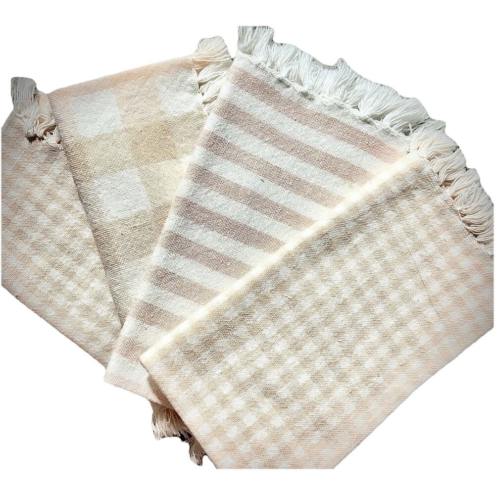 Set of 4 Peach Gingham Fringe Placemats Cottage Farmhouse Table Linens